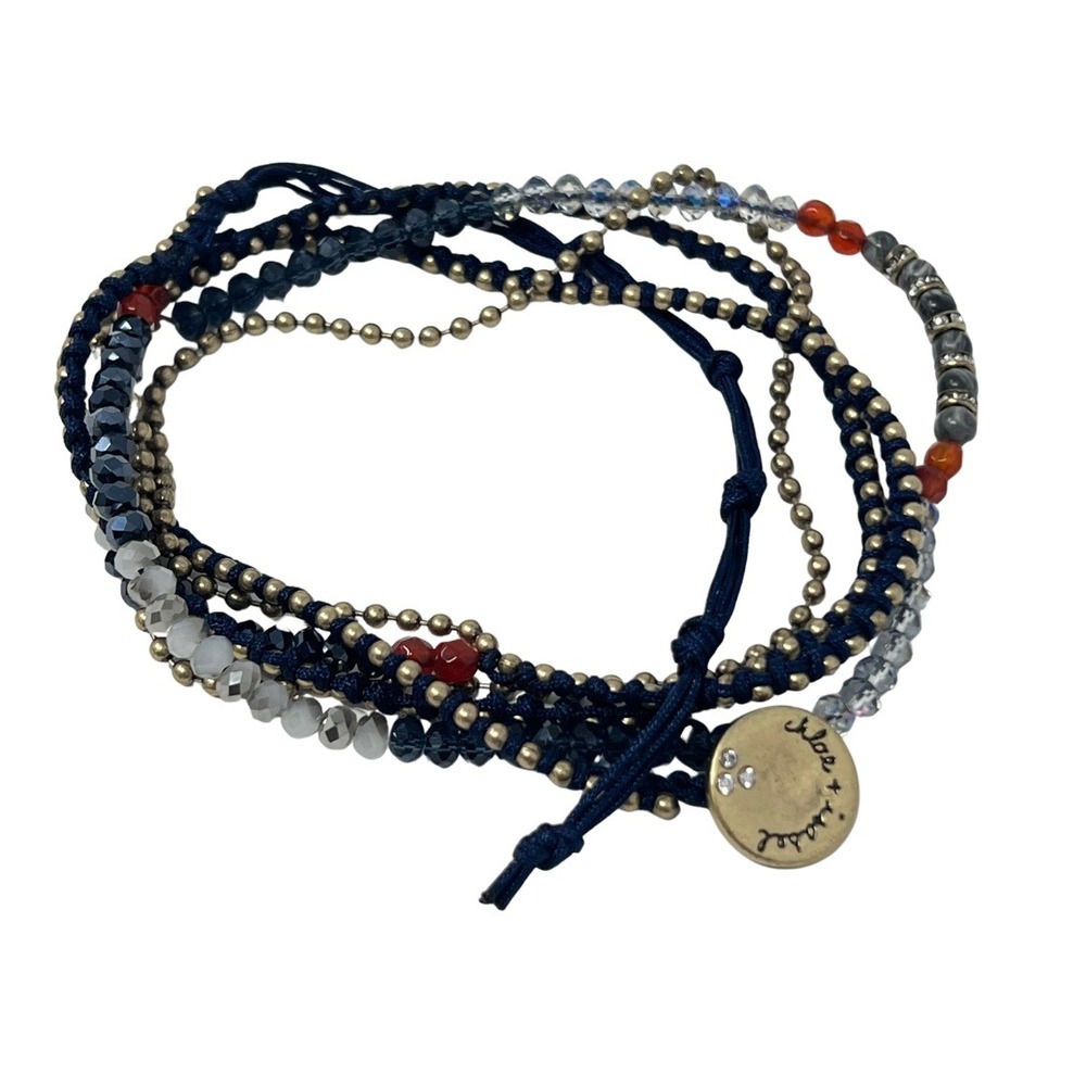 Chloe + Isabel Delicate Bead Chain Multi Wrap Bracelet Navy Gold Crystal New